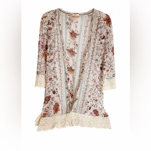 Mason & Belle Boho Floral Kimono Cardigan Lace Trim Open Front Sz. X-Large